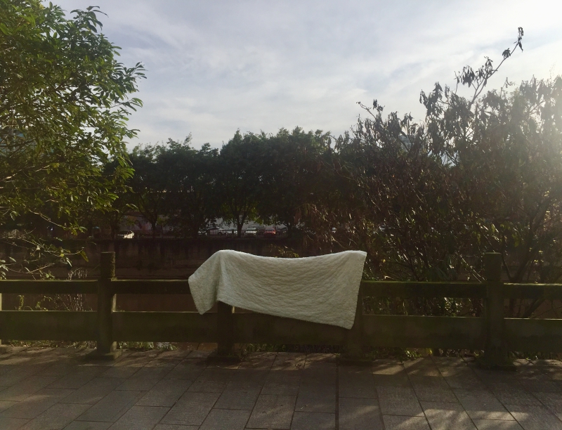 沿江护栏上晒棉被